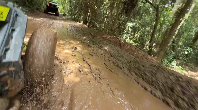 UTV atravessando trecho com água em trilha de mata.